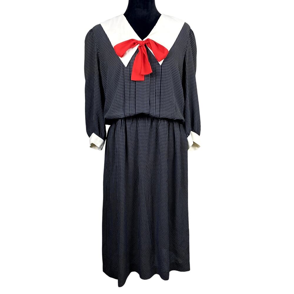 Vtg Liz Roberts Retro Soilor Collar Bow Academia Prarie Long Sleeve Dress Sz 12
